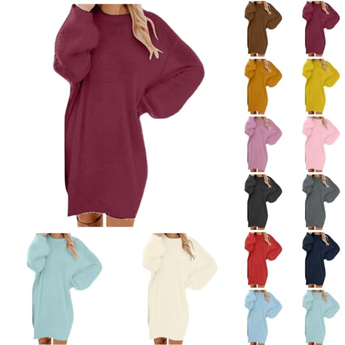 Generisch Pullover Damen Oversize Longpullover Winter Pulloverkleid Lang Lose Strickkleid Damen Lässig Modische Wollkleid Knielang Dresses Langarm Warme Pullis Rundhals Mode Elegante Weihnachtskleid von Generisch