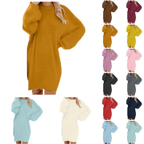 Generisch Pullover Damen Oversize Longpullover Winter Pulloverkleid Lang Lose Strickkleid Damen Lässig Modische Wollkleid Knielang Dresses Langarm Warme Pullis Rundhals Mode Elegante Weihnachtskleid von Generisch