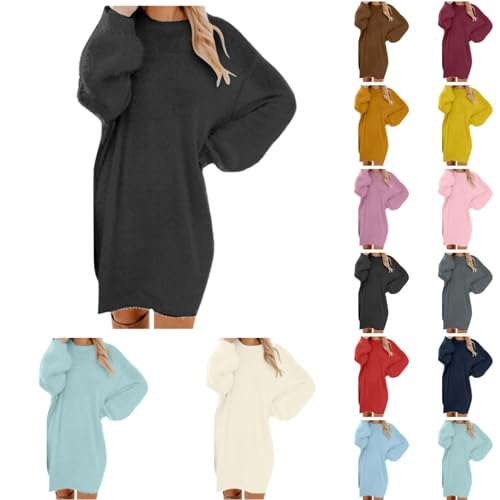 Generisch Pullover Damen Oversize Longpullover Winter Pulloverkleid Lang Lose Strickkleid Damen Lässig Modische Wollkleid Knielang Dresses Langarm Warme Pullis Rundhals Mode Elegante Weihnachtskleid von Generisch