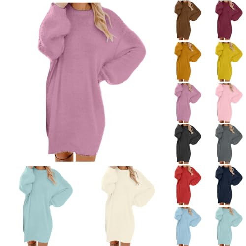 Generisch Pullover Damen Oversize Longpullover Winter Pulloverkleid Lang Lose Strickkleid Damen Lässig Modische Wollkleid Knielang Dresses Langarm Warme Pullis Rundhals Mode Elegante Weihnachtskleid von Generisch