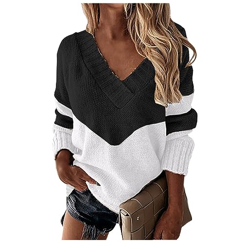 Generisch Pullover Damen Roter Winter Basic Strickpullover V Ausschnitt Oversize Bluse Elegant Sexy Sweatshirt Ohne Kapuzewinter Pullover Für Damen Longtops Lang Sport Oberteil Baumwolle (Schwarz, M) von Generisch