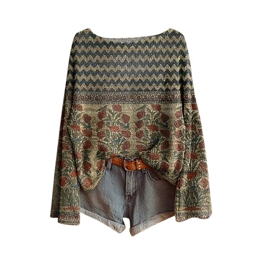 Generisch Pullover Damen Rundhals,Boho Vintage Rundhals Strickpullover Damen Herbst Winter Casual Langarmshirt Floral Print Bequem Oberteil Bluse Trendiger Übergröße Strickwaren Pullover für Frauen von Generisch