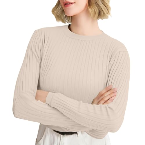 Generisch Pullover Damen Rundhals Strickpullover Elegant Einfarbig Herbst Winter Merinowolle Pullover Basic Winterpullover Warm Wollpullover Strick Pullis Langarm Kuschelpullover Sweater Beige,S von Generisch