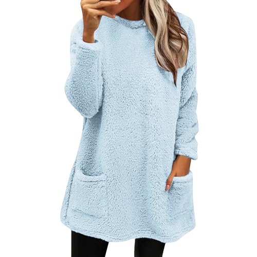 Generisch Pullover Damen Teddy Warmer Lang Fleecepullover Langarm Flauschig Pulli Winter Fleece Gefütterte Sweatshirts Ohne Kapuze Oversize Casual Warme Rundhals Tops Lockeres Oberteile mit Taschen von Generisch