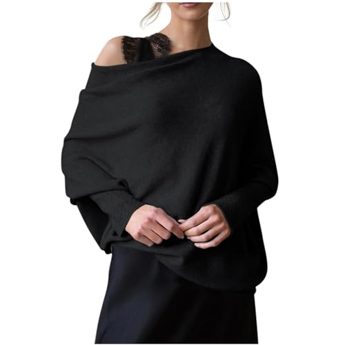 Generisch Pullover Damen Winter, Elegant Off The Shoulder Pullover Reine Farbe Fledermausärmel Pullover Baggy Slouchy Damen Pullover Für Winter Damen Pullover Damen Winter (XXL, Schwarz) von Generisch