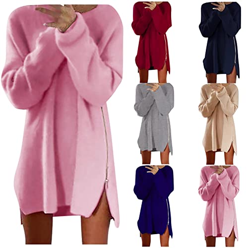 Generisch Pullover Damen Winter, Lange Mode Lässig Dünn Lose Reißverschluss Pullover Feste Farbe Weiche Plüsch Pullover Top Damen Winter Fleecepullover Damen Winter Pullover (M, Rosa) von Generisch