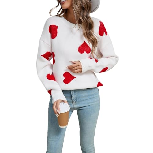 Generisch Pullover Damen mit Herz Aufdruck Romantisch Pullover Top Liebe Herz Langarm Valentinstag Pullover Strickkleidung Teenager Mädchen Lässig Winterpullover,F Weiß,XL von Generisch