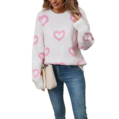 Generisch Pullover Damen mit Herz Aufdruck Romantisch Pullover Top Liebe Herz Langarm Valentinstag Pullover Strickkleidung Teenager Mädchen Lässig Winterpullover,G Weiß,L von Generisch