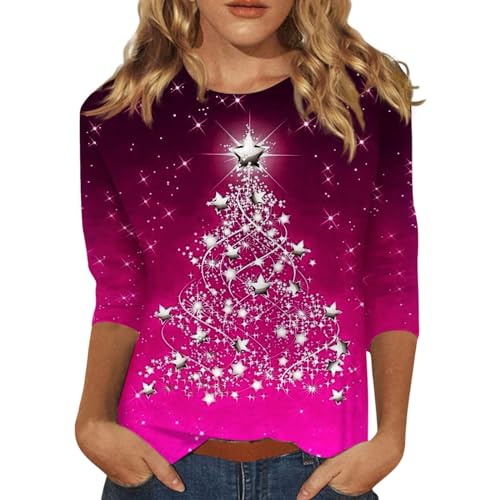 Generisch Pullover Für Damen, Weihnachtspulli Damen Mode Lässig Rundhalsausschnitt DREI Viertel Ärmel Lose Weihnachten Gedruckt T-Shirt Top Pullover Weihnachtspullover Wolle (L, Lila) von Generisch