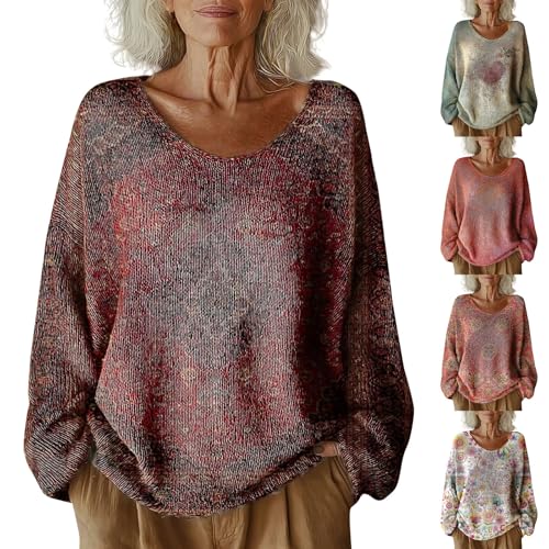 Generisch Pullover Für Damen - Strickpullover Damen Oversize Rundhals Vintage Obertiele Langarm Strickpullover Mit Statement-Print Casual Bequem Langarmshirt Stretch Winter Sweatshirt von Generisch