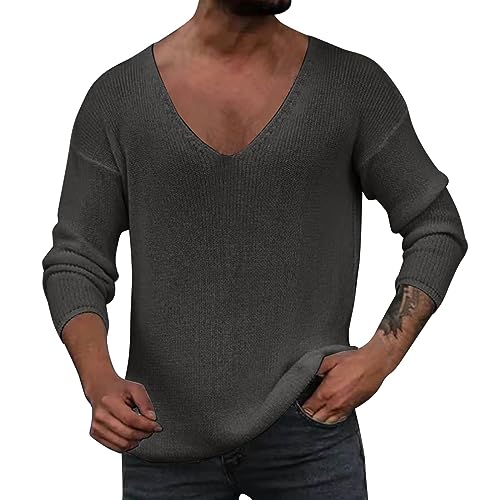 Generisch Pullover Herren Elegant WinterHerbst Männlicher - Winterstrick-Langarmpullover mit tiefem V-Ausschnitt einfarbigem Oberteil Pullover Herren Elegant Große Größen (Grey, XXL) von Generisch