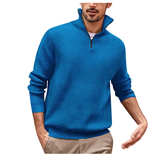 Generisch Pullover Herren Half Zip Grobstrick Basic Strick-Pulli, männer Klamotten, Pullover Herren Hoodie, Hemden Stehkragen, Pullover Herren mit Kapuze, Herren Kaschmir Pullover, L, Blau von Generisch