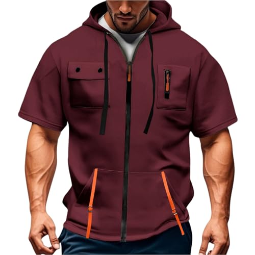 Generisch Pullover Herren Kurzarm Mit Kapuze Reißverschluss Sweatjacke Sommer Fitness Slim Kordelzug Sweatshirt Hoody Trachten Strickjacke Poloshirts Für Herrenpullover Hoodie Pullover (XXL, Red) von Generisch