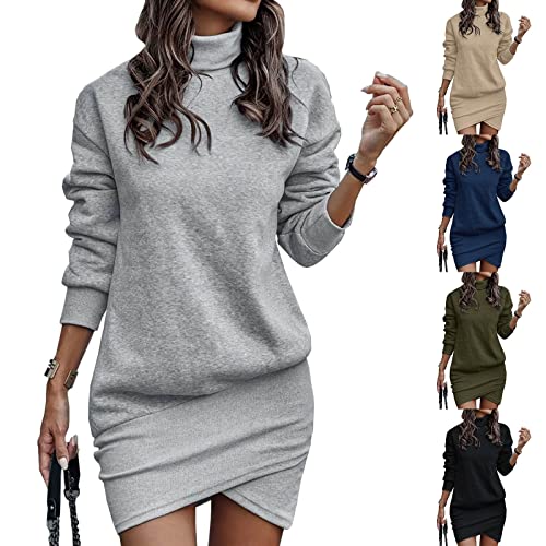Generisch Pullover Kleid Damen Herbst Winter Warm Pulloverkleid Plüsch Sweatkleid Lang Kleider Longpullover Freizeitkleid Rollkragen Dress Langarm Sweatshirt Freizeitkleid Herbst Winter (001 Grau, M) von Generisch