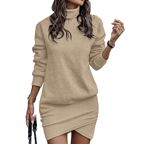 Generisch Pullover Kleid Damen Herbst Winter Warm Pulloverkleid Plüsch Sweatkleid Lang Kleider Longpullover Freizeitkleid Rollkragen Dress Langarm Sweatshirt Freizeitkleid Herbst Winter (01 Beige, L) von Generisch