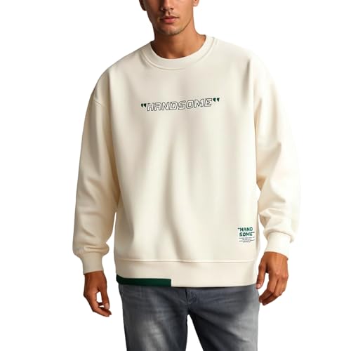 Generisch Pullover Sweatshirt Herren Frühling Lockeres Casual Style Langarm Farbblock Rundhals Sweatshirt (Beige, XXXXXXXXL) von Generisch