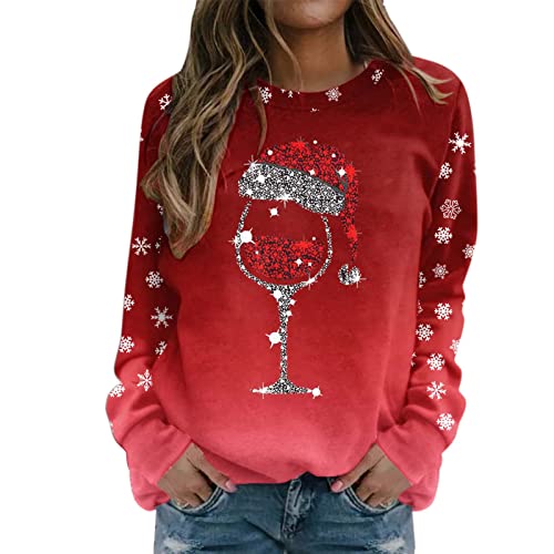 Generisch Pullover für Damen Damen Weihnachts Tshirt Glitzer Chritmas Weinglas Drucken Oberteile Langarm Weihnachten Pullover Casual Christmas Sweat Tops Weihnachtsbluse Weihnachtspullover von Generisch
