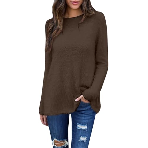 Generisch Pullover für Damen Winterpullover Warm Langarm Fleecepullover Rundhals Einfarbig Sweatshirt Basic Shirt Damen Ohne Kapuze Casual Oberteil Thermoshirt Brown M von Generisch