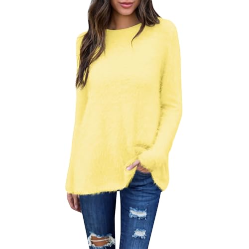 Generisch Pullover für Damen Winterpullover Warm Langarm Fleecepullover Rundhals Einfarbig Sweatshirt Basic Shirt Damen Ohne Kapuze Casual Oberteil Thermoshirt Yellow S von Generisch