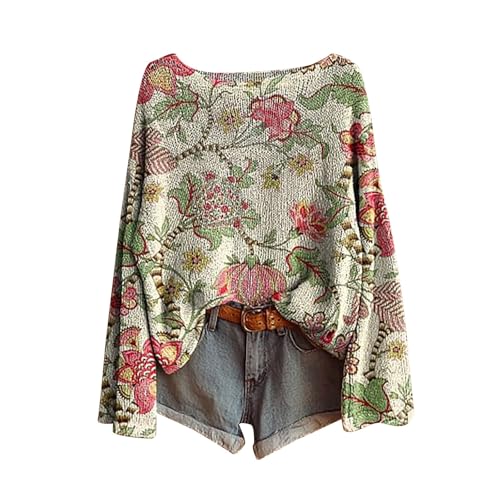 Generisch Pullover für Weihnachten,Boho Vintage Rundhals Strickpullover Damen Herbst Winter Casual Langarmshirt Floral Print Bequem Oberteil Bluse Trendiger Übergröße Strickwaren Pullover für Frauen von Generisch