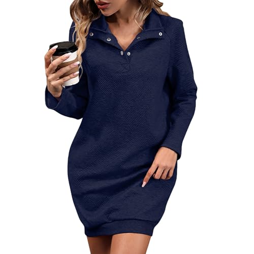 Generisch Pulloverkleid Damen Elegant Rollkragen mit Knopfleiste Sweatkleid Damen Langarm mit Taschen Winterkleid Damen Oversize Longpullover Pullover Damen mit Kragen Kleid Frauen Winter von Generisch