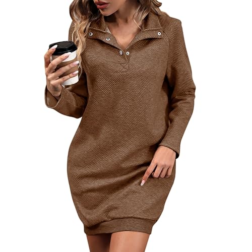 Generisch Pulloverkleid Damen Elegant Rollkragen mit Knopfleiste Sweatkleid Damen Langarm mit Taschen Winterkleid Damen Oversize Longpullover Pullover Damen mit Kragen Kleid Frauen Winter von Generisch