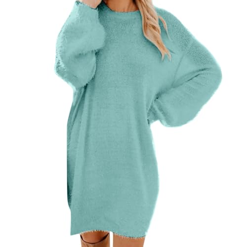 Generisch Pulloverkleid Damen Herbstkleid Langarm Strickkleid Damen Herbst Winterkleid Rundhals Pullover Kleid Elegant Midikleid Einfarbig Freizeitkleid Knielang Knitted Dress Oversize Cyan 1 L von Generisch