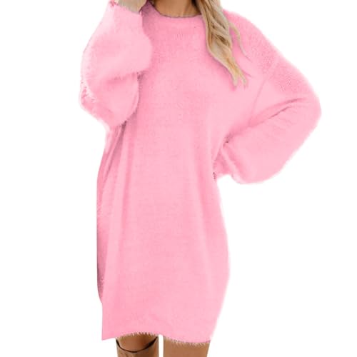 Generisch Pulloverkleid Damen Herbstkleid Langarm Strickkleid Damen Herbst Winterkleid Rundhals Pullover Kleid Elegant Midikleid Einfarbig Freizeitkleid Knielang Knitted Dress Oversize Pink 1 M von Generisch