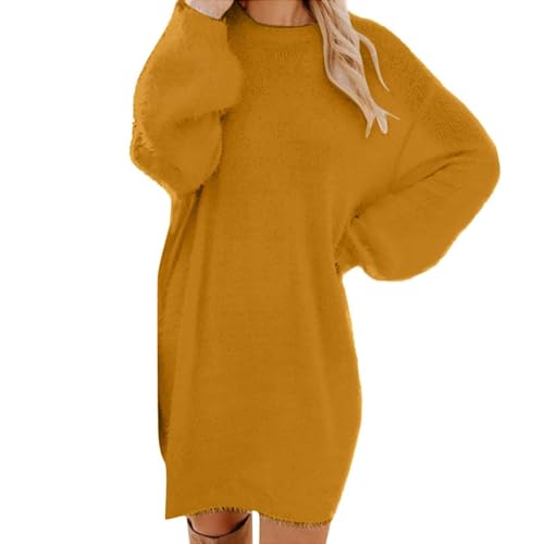 Generisch Pulloverkleid Damen Oversize Strickkleid Herbst Winterkleid Locker Longpullover Modische Knielang Wollkleid Langarm Pullis Rundhals Strickpullover Elegante Sweatkleid 1#Orange 3XL von Generisch