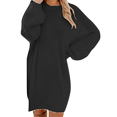 Generisch Pulloverkleid Damen Oversize Warme Elegant Herbstkleid Flauschig Longpullover Mode Winter Pullover Winterkleid Komfortabel Rundhals Fleecepullover Knielang Langarm Kleid Pullikleid von Generisch