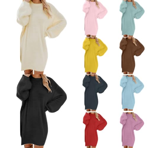 Generisch Pulloverkleid Damen Oversize Warme Elegant Herbstkleid Flauschig Longpullover Mode Winter Pullover Winterkleid Komfortabel Rundhals Fleecepullover Knielang Langarm Kleid Pullikleid von Generisch