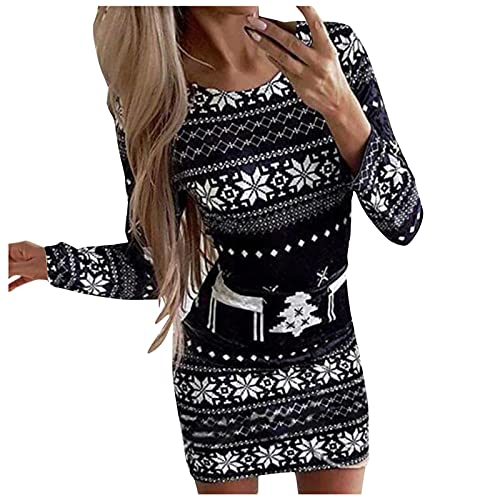 Generisch Pulloverkleid Weihnachten Damen Vintage Rundhals Große Größen Lange Ärmel Hoodies Pullikleid Minikleid Winterkleid für Weihnachten Party Weihnachts Kostüm Drucken Oberteil von Generisch