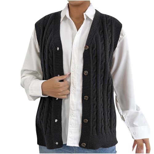 Generisch Pullunder Damen Ärmellos Strickjacke mit V-Ausschnitt Knopfleiste Cardigan Zopfmuster Strickmantel Pullover Weste Strickjacken Einfarbig Strickweste Sweater Top Strickpullover von Generisch