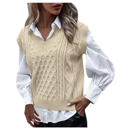 Generisch Pullunder Damen Schwarz, Knopf Baumwolle Ärmellos Strickpullunder Pullover Vintage Braune Warm Strickweste Pullover Vest Strickpullover V Ausschnitt Winter Sweater Vest Pullunder von Generisch