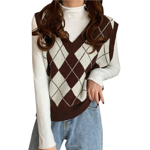 Generisch Pullunder Damen Strick V Ausschnitt Kariert Weste Mädchen Ärmellos Strick Casual Pullunder Strickweste Kurz Tank Top Karo Weste Herbst Freizeit Tops Damenpullover von Generisch