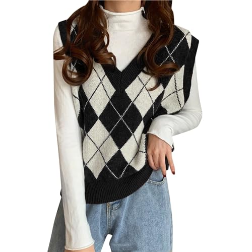 Generisch Pullunder Damen Strick V Ausschnitt Kariert Weste Mädchen Ärmellos Strick Casual Pullunder Strickweste Kurz Tank Top Karo Weste Herbst Freizeit Tops Damenpullover von Generisch