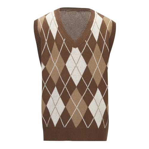 Generisch Pullunder Damen Strick V Ausschnitt Kariert Weste Mädchen Ärmellos Strick Casual Pullunder Strickweste Kurz Tank Top Karo Weste Herbst Freizeit Tops Damenpullover von Generisch