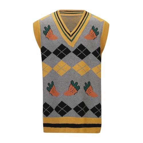 Generisch Pullunder Damen Strick V Ausschnitt Kariert Weste Mädchen Ärmellos Strick Casual Pullunder Strickweste Kurz Tank Top Karo Weste Herbst Freizeit Tops Damenpullover von Generisch