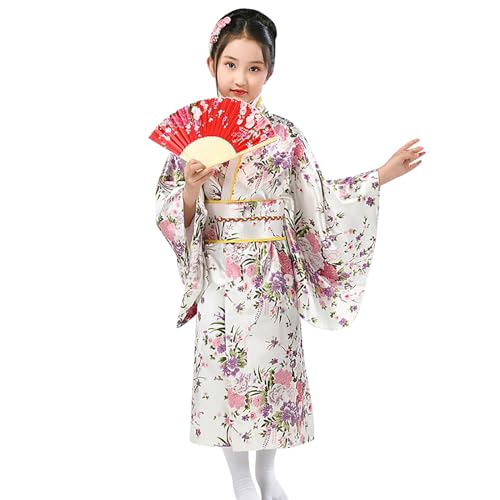 Generisch Pyjama 92 Mädchen Japanisches Traditionelles Kleid Kimono Robe Für Kinder Mädchen Yukata Kimono Anime Cosplay Robe Flauschiger Bademantel 152 (White, 6-7 Years) von Generisch