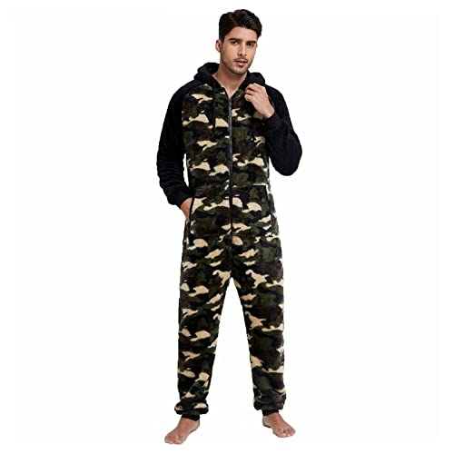 Generisch Pyjama Herren Jumpsuit Camouflage Onesie Schlafanzug Loungewear Flausch Fleece Overall Loose Fit Bequem Warm Einteiler Weich Kuschelig Bodysuit Strampelanzug Mit Taschen von Generisch