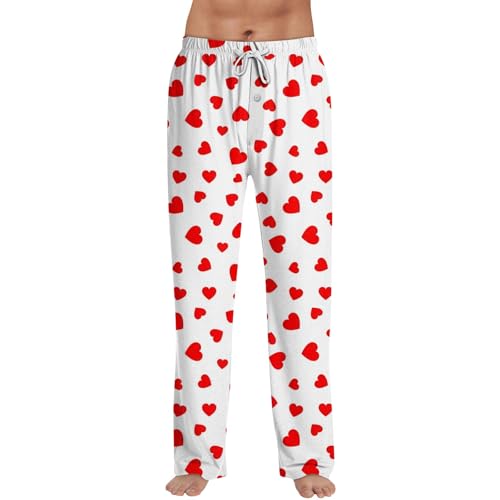 Generisch Pyjama Hosen Herren Lang Schlafanzughose Elegant Freizeithose Pyjamahose Schlafhose Herz Drucken Schlafanzug Loungewear Haushose Pyjamas Hose (2-White,L) von Generisch