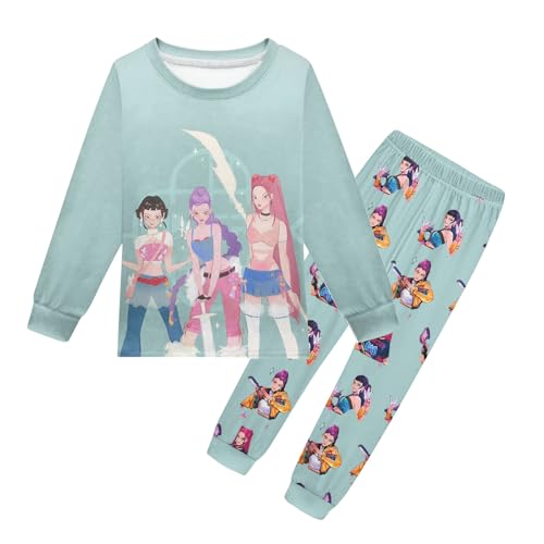 Pyjama 𝙆𝙥𝙤𝙥 Demon Schlafanzüge für Mädchen Zweiteiliges Set Pyjama K-pop Anime Drucken Pyjamahose und Langram Oberteile Kinder Hausanzug Loungewear(Rosa,140) von Generisch