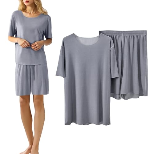 Generisch Pyjama Set Damen Sommer Kurz/lang Hose Eisseide Zweiteiliger Pyjama Set Loungewear Kurzarm Nachtwäsche Einfarbig Sleepwear Hausanzug Leichtes Bequemes Casual Matching Pyjamas, L-4XL von Generisch