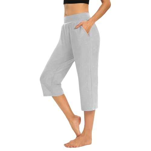 Generisch Pyjamahose Damen 3/4 Mit Bündchen, Schlafhose Damen Sommer Einfarbig Yogahose Lockere Hausanzug Mit Taschen Bequeme Atmungsaktiv Schlafanzughose Weich Nachthemd Baumwolle Heimhose von Generisch
