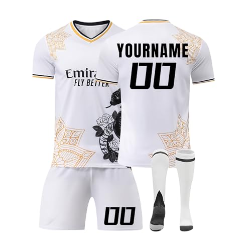 Generisch R.M Fußball Trikot Personalisiert für Kinder/Erwachsener mit Eigenem Namen Nummern, Hause/Auswärts Fussball Trikot Shorts Socken Sets Trainingsanzug Jungen Herren von Generisch