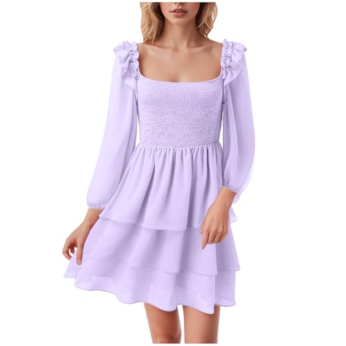 Generisch Rapunzel Kostüm Damen, Rapunzel Kleid Damen Lila Chiffon A Line Kleider Fasching Karneval Solide Viereckiger Ausschnitt Chiffonkleid Festival Langarm Cake Kleid Faschingskostüme von Generisch