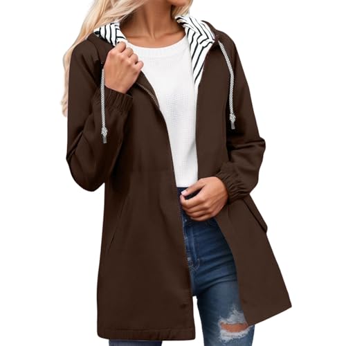 Generisch Regenjacke Damen Lang Wasserdicht Atmungsaktiv Regenmantel Leichte Windbreaker Outdoorjacke Dünne Regenjacken Übergangsjacke Windjacke mit Kapuzig für Outdoor Camping Wandern (Brown, M) von Generisch