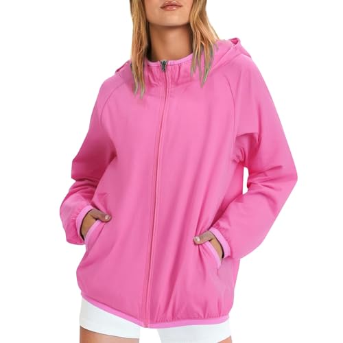 Generisch Regenjacke Damen Leicht Wasserdicht Sportjacke Winddichte Übergangsjacke Ultraleicht Funktionsjacke mit Kapuze Outdoorjacke Einfarbig Softshelljacke (Pink, L) von Generisch
