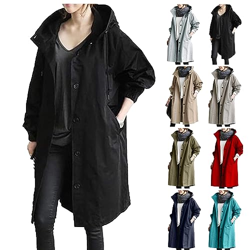 Generisch Regenjacke Damen Leicht Wasserdicht Windjacke Große Größen Parka Jacke Lang Regenjacke Atmungsaktiv Übergangsjacke mit Kapuze Outdoor Funktionsjacke Outdoorjacke Trenchcoat Damen von Generisch