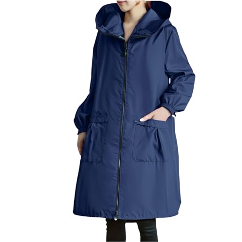 Generisch Regenjacke Damen Wasserdicht Atmungsaktiv, Übergangsjacke Damen Lang, Große Größen Softshelljacke, Regenmantel Mit Kapuze, Wandern Regenjacken, Einfarbig Warm Trenchcoat, Windbreaker von Generisch